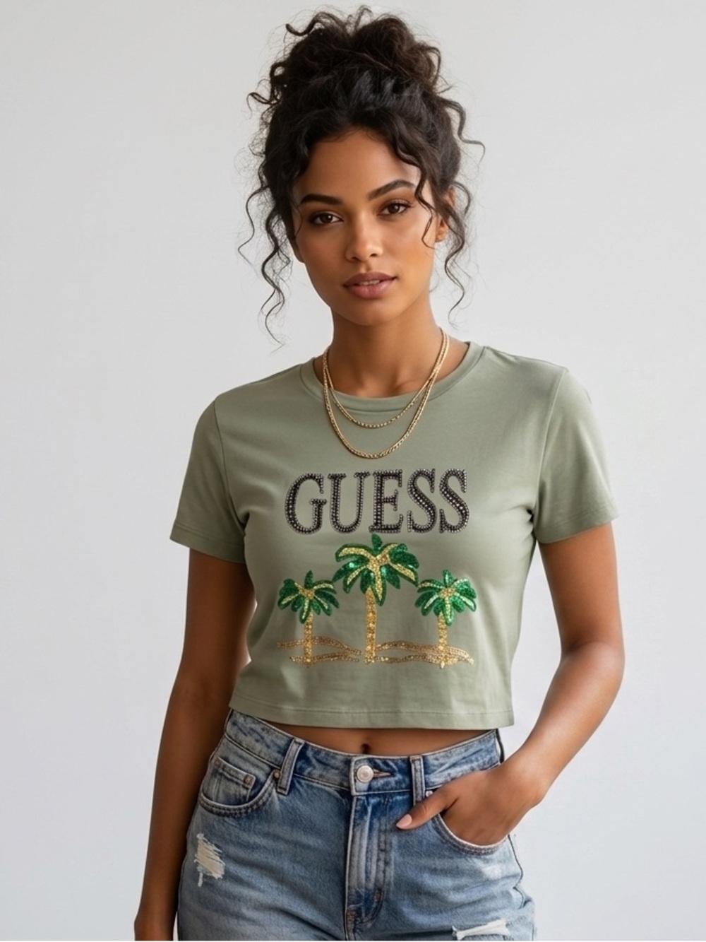 GUESS Olive Green Sequin Palm Tee